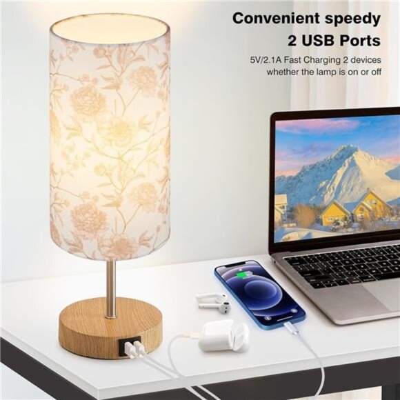 Bedside Touch Lamp, Wood Small Table lamp with 2 USB Charging Ports & Flower - Picture 4 of 7